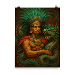 Moctezuma amid feathered serpent regalia poster on a plain backdrop in size 8"x10".