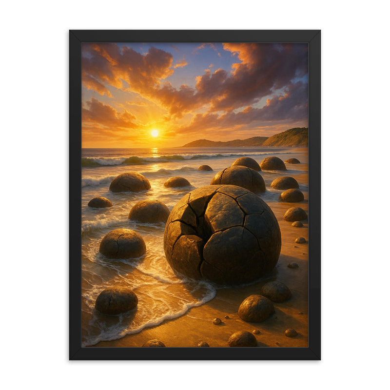 Moeraki Boulders New Zealand framed print on a plain backdrop in size 18