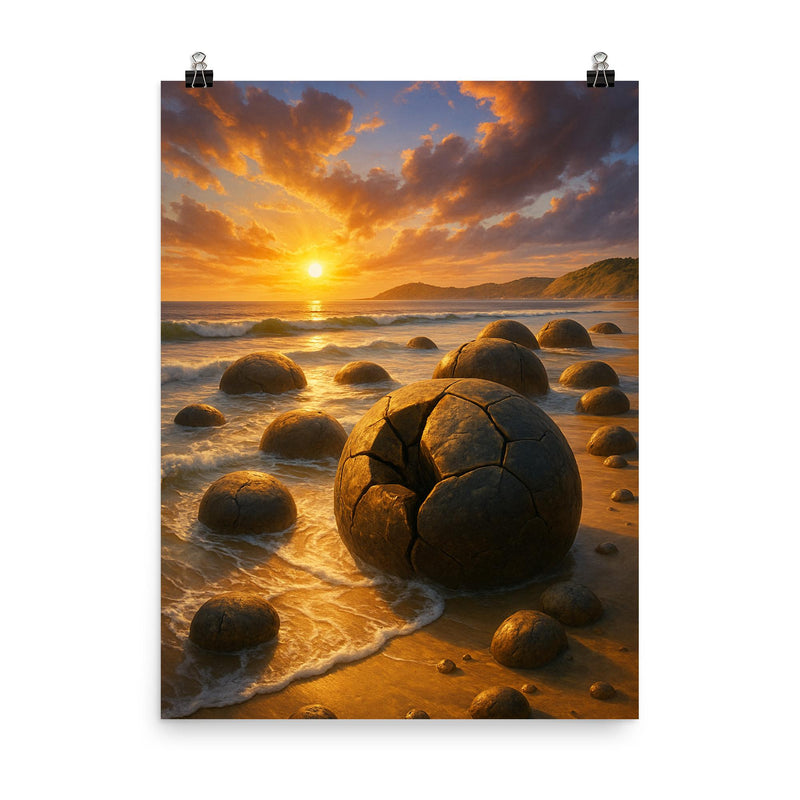 Moeraki Boulders New Zealand poster on a plain backdrop in size 8