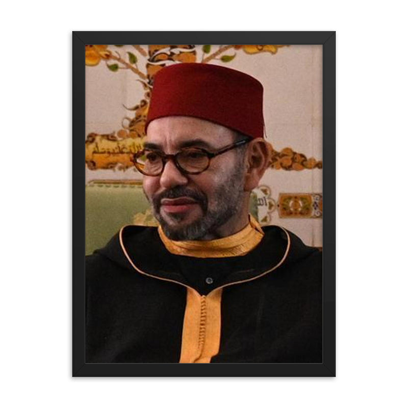 Mohammed VI of Morocco framed print on a plain backdrop in size 18