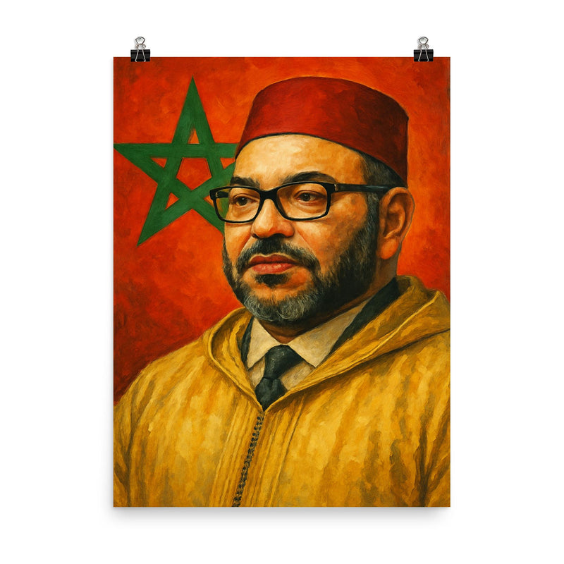 Mohammed VI of Morocco poster on a plain backdrop in size 8