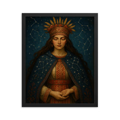 Mokosh Slavic goddess with embroidered constellations framed print on a plain backdrop in size 16"x20".