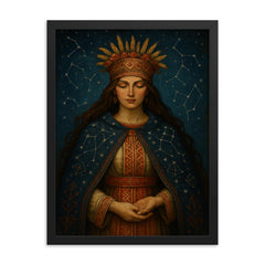 Mokosh Slavic goddess with embroidered constellations framed print on a plain backdrop in size 18"x24".