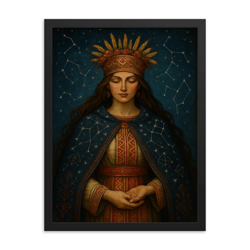 Mokosh Slavic goddess with embroidered constellations framed print on a plain backdrop in size 18