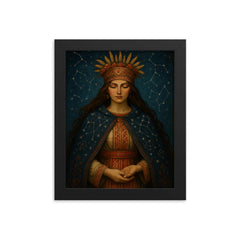Mokosh Slavic goddess with embroidered constellations framed print on a plain backdrop in size 8"x10".