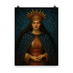 Mokosh Slavic goddess with embroidered constellations poster on a plain backdrop in size 8"x10".