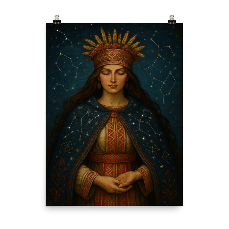 Mokosh Slavic goddess with embroidered constellations poster on a plain backdrop in size 8