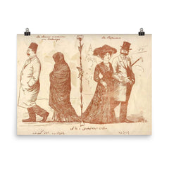 Molla Naseruddin Satirical Magazine Cover Depicting Elite Muslims' Dress in Home Countries vs. Western Europe, 1910s poster on a plain backdrop in size 8"x10".