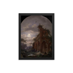 Monk Meditating near a Ruin by Moonlight by Frederik Marinus Kruseman, 1862 framed print on a plain backdrop in size 12"x16".