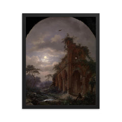 Monk Meditating near a Ruin by Moonlight by Frederik Marinus Kruseman, 1862 framed print on a plain backdrop in size 16"x20".