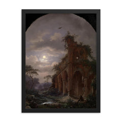 Monk Meditating near a Ruin by Moonlight by Frederik Marinus Kruseman, 1862 framed print on a plain backdrop in size 18"x24".