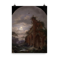 Monk Meditating near a Ruin by Moonlight by Frederik Marinus Kruseman, 1862 poster on a plain backdrop in size 8"x10".
