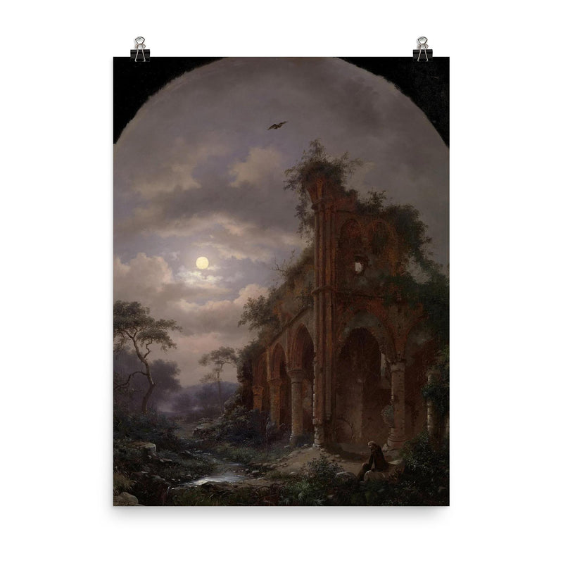 Monk Meditating near a Ruin by Moonlight by Frederik Marinus Kruseman, 1862 poster on a plain backdrop in size 8