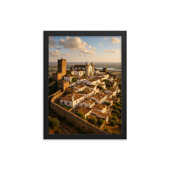 Monsaraz Hilltop Village Portugal framed print on a plain backdrop in size 12"x16".