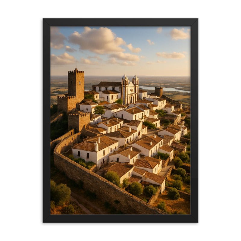 Monsaraz Hilltop Village Portugal framed print on a plain backdrop in size 18