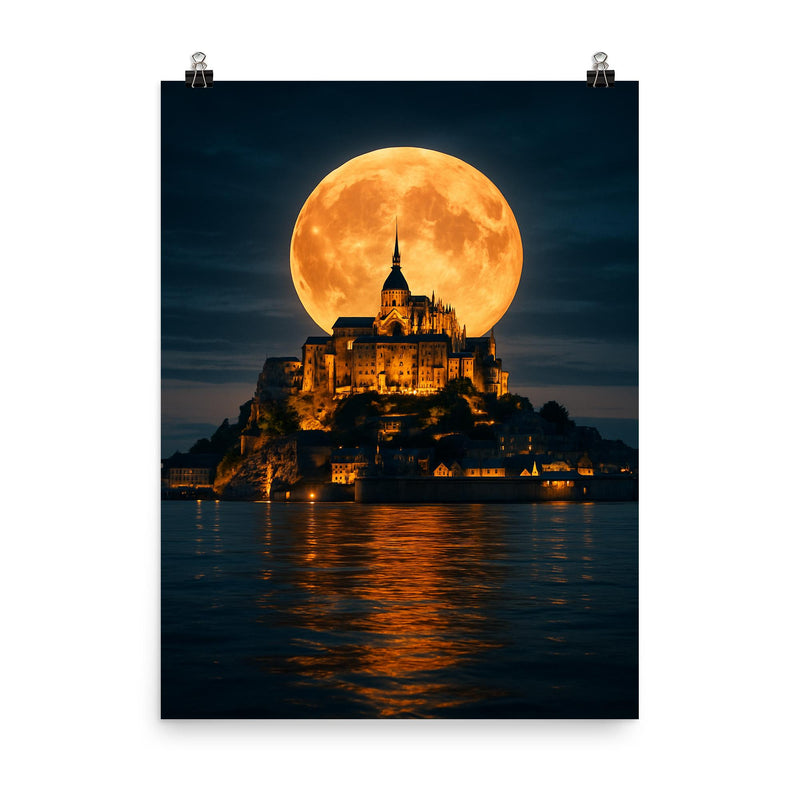 Mont Saint Michel at king tide moonrise poster on a plain backdrop in size 8