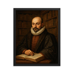 Montaigne tower library portrait framed print on a plain backdrop in size 16"x20".