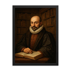 Montaigne tower library portrait framed print on a plain backdrop in size 18"x24".