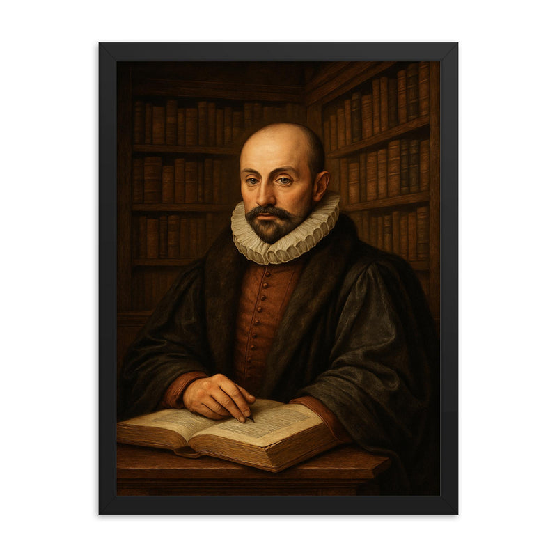 Montaigne tower library portrait framed print on a plain backdrop in size 18