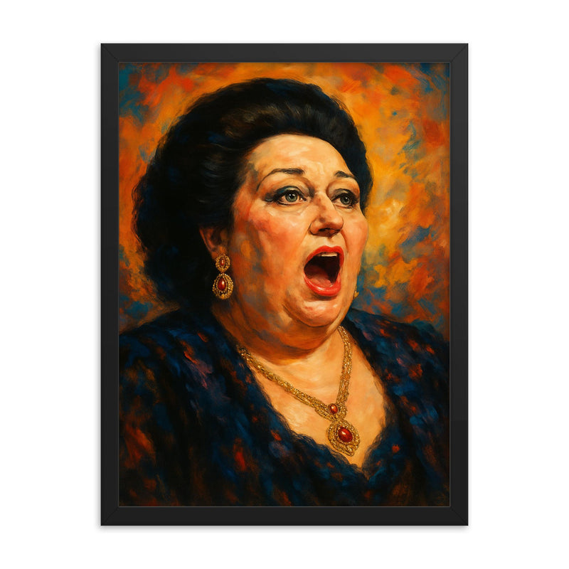 Montserrat Caballe framed print on a plain backdrop in size 18