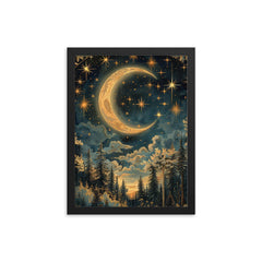 Moon and Stars - William Morris framed print on a plain backdrop in size 12"x16".