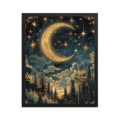 Moon and Stars - William Morris framed print on a plain backdrop in size 16"x20".