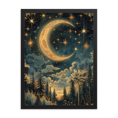 Moon and Stars - William Morris framed print on a plain backdrop in size 18"x24".