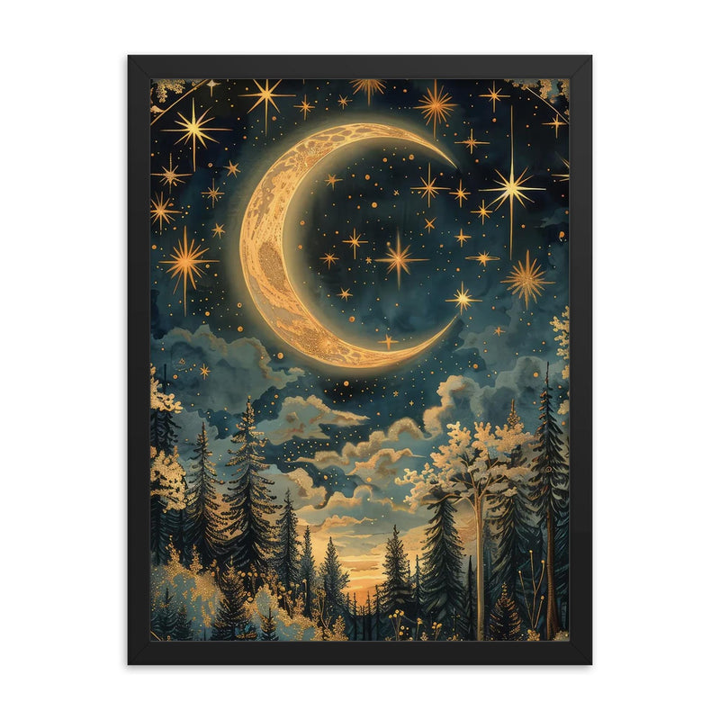 Moon and Stars - William Morris framed print on a plain backdrop in size 18