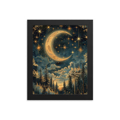 Moon and Stars - William Morris framed print on a plain backdrop in size 8"x10".