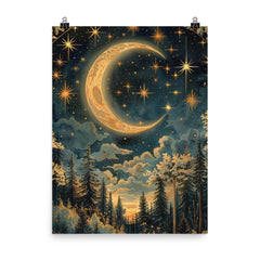 Moon and Stars - William Morris poster on a plain backdrop in size 8"x10".