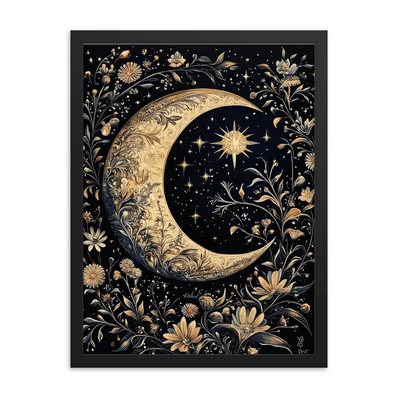 Moon and Stars by William Morris framed print on a plain backdrop in size 18