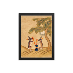 Moon Bunny of Immortality - Classic Minhwa Korean Mythology Folk Art framed print on a plain backdrop in size 12"x16".