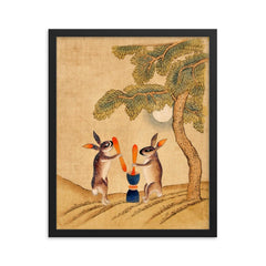 Moon Bunny of Immortality - Classic Minhwa Korean Mythology Folk Art framed print on a plain backdrop in size 16"x20".