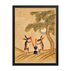 Moon Bunny of Immortality - Classic Minhwa Korean Mythology Folk Art framed print on a plain backdrop in size 18"x24".