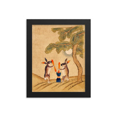 Moon Bunny of Immortality - Classic Minhwa Korean Mythology Folk Art framed print on a plain backdrop in size 8"x10".