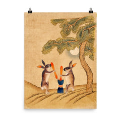 Moon Bunny of Immortality - Classic Minhwa Korean Mythology Folk Art poster on a plain backdrop in size 8"x10".