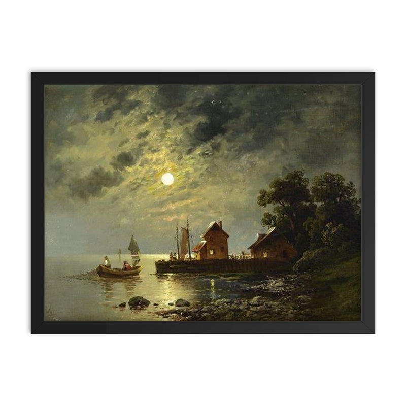 Moonlight Landscape with Fishermen by Johann Jungblut framed print on a plain backdrop in size 18