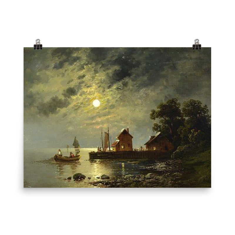 Moonlight Landscape with Fishermen by Johann Jungblut poster on a plain backdrop in size 8