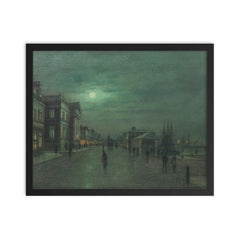 Moonlit Glasgow Docks by John Atkinson Grimshaw framed print on a plain backdrop in size 16"x20".
