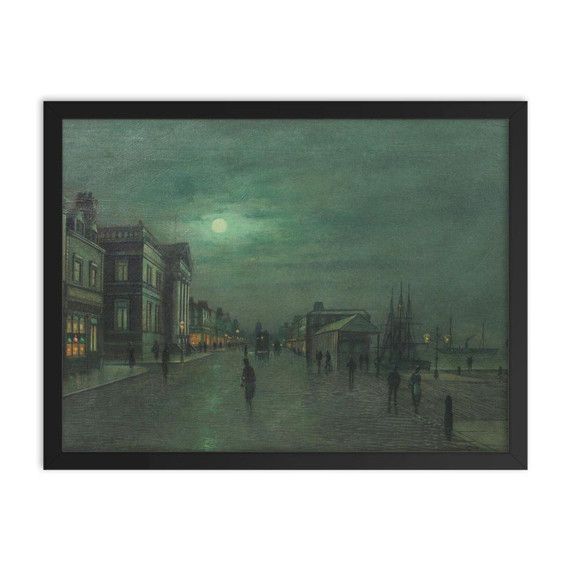 Moonlit Glasgow Docks by John Atkinson Grimshaw framed print on a plain backdrop in size 18
