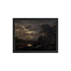 Moonlit Landscape with Bridge by Aert van der Neer, 1648 framed print on a plain backdrop in size 12"x16".