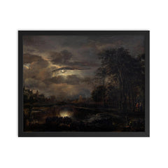 Moonlit Landscape with Bridge by Aert van der Neer, 1648 framed print on a plain backdrop in size 16"x20".