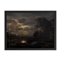 Moonlit Landscape with Bridge by Aert van der Neer, 1648 framed print on a plain backdrop in size 18"x24".