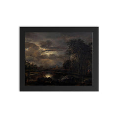 Moonlit Landscape with Bridge by Aert van der Neer, 1648 framed print on a plain backdrop in size 8"x10".