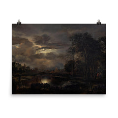Moonlit Landscape with Bridge by Aert van der Neer, 1648 poster on a plain backdrop in size 8"x10".
