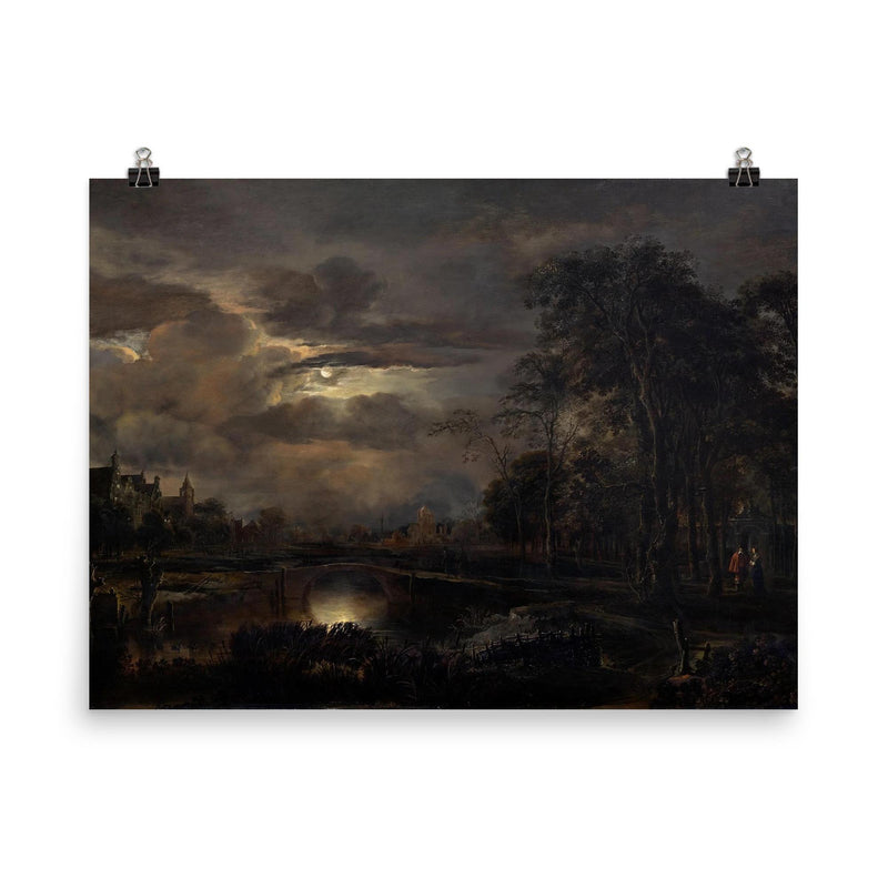Moonlit Landscape with Bridge by Aert van der Neer, 1648 poster on a plain backdrop in size 8