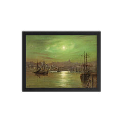 Moonlit Whitby Harbour by Louis Hubbard Grimshaw framed print on a plain backdrop in size 12"x16".