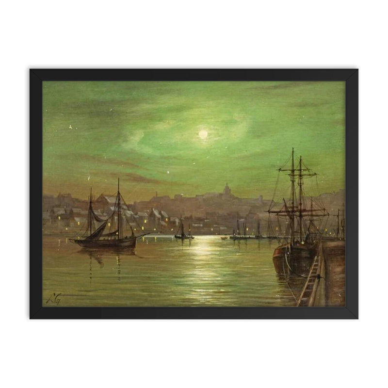 Moonlit Whitby Harbour by Louis Hubbard Grimshaw framed print on a plain backdrop in size 18