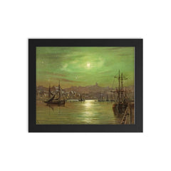 Moonlit Whitby Harbour by Louis Hubbard Grimshaw framed print on a plain backdrop in size 8"x10".
