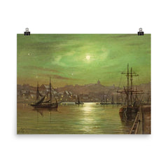 Moonlit Whitby Harbour by Louis Hubbard Grimshaw poster on a plain backdrop in size 8"x10".